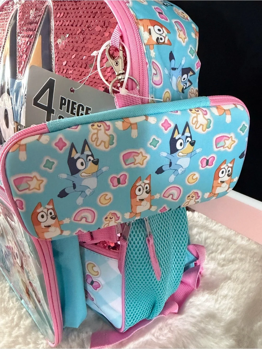 Bluey Sequin Backpack and Lunchbox Set - Pink & Aqua 16in H 12in W